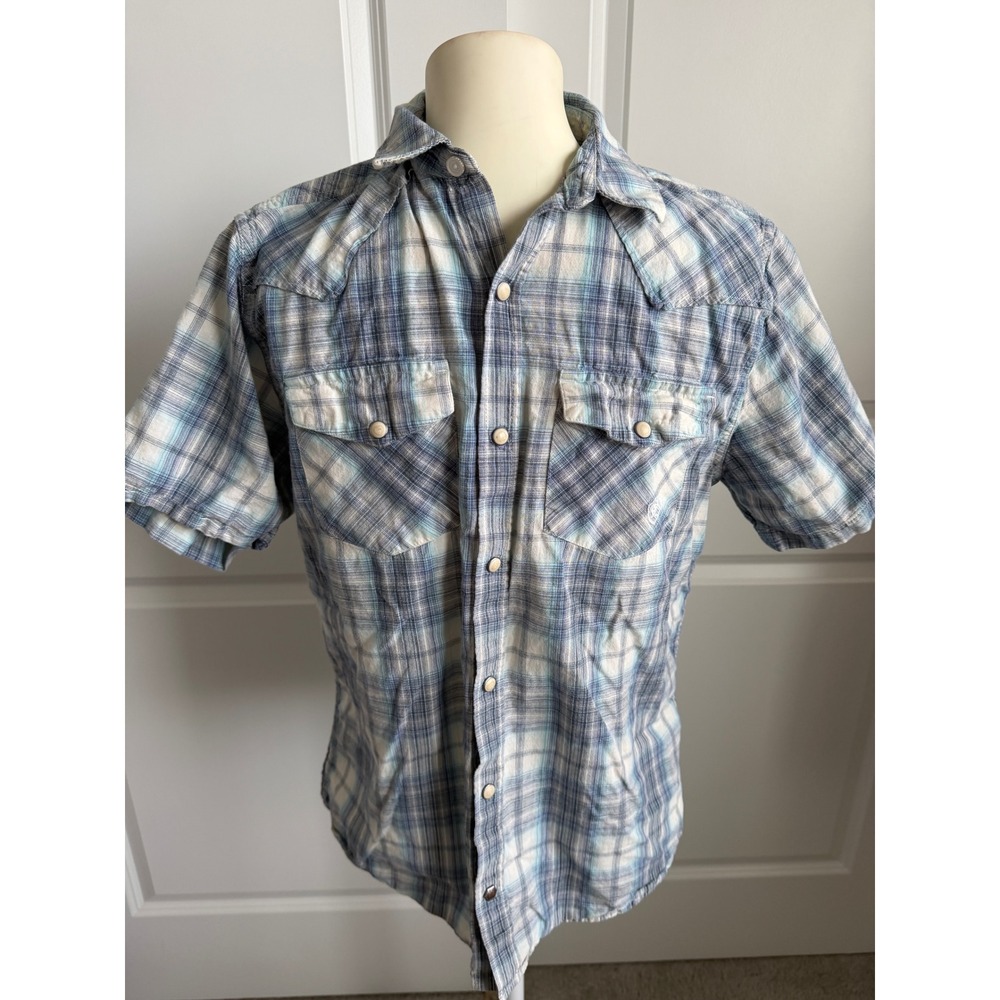 Ariat Retro Fit Mens Medium Blue Plaid Short Sleeve Western Snap Front Shirt